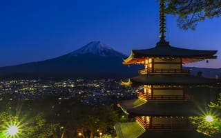 Картинка Япония, Japan, пагода храма Сенсо-дзи, Фудзияма, Senso-ji Temle, Fuji Mountain, огни ночного города