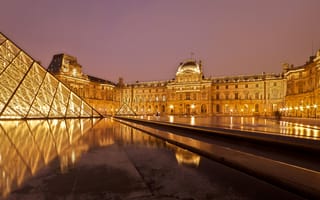 Картинка Париж, Лувр, ночь, огни