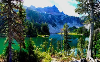 Картинка деревья, горы, Национальный парк Маунт-Рейнир, Cascade Range, озеро, Каскадные горы, Mount Rainier National Park, Washington State