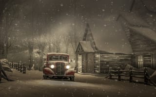 Картинка зима, машина, винтаж, авто, дом, снег