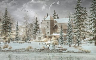 Картинка зима, снег, река, ели, дом