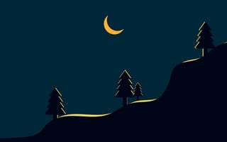 Картинка деревья, ночь, mountainside, месяц, night, moon, склон горы, trees