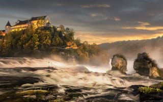 Картинка пейзаж, природа, Рейн, Швейцария, скала, река, замок, водопад