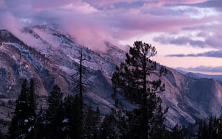 Картинка зима, небо, скалы, USA, облака, закат, Yosemite National Park, природа, деревья, горы, снег, США, национальный парк Йосемити