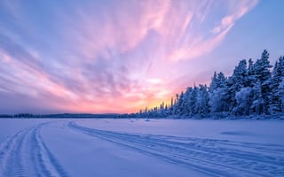 Картинка зима, лес, Река Турнеэльвен, Швеция, закат, снег, Torne River, Sweden, замёрзшая река