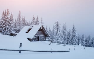 Картинка зима, снег, forest, winter, trees, хижина, village, hut, елки, пейзаж, snow, landscape, деревья