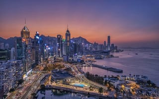 Обои закат, здания, Hong Kong, Hong Kong Island, Causeway Bay, Гонконг, Козуэй-Бей, Остров Гонконг, дома, небоскрёбы, залив, ночной город