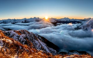 Картинка Clouds, Sky, Peaks, Snow, Sun, Morning