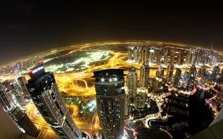 Обои небоскребы, высотки, высотные, вид, дороги, панорама, ОАЭ, ночь, Дубай, здания, освещение, дома, огни, Dubai, город