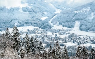 Картинка зима, снег, деревня, елки, деревья, пейзаж, forest, горы