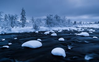 Картинка зима, снег, пейзаж, river, деревья, река, forest, trees