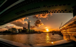 Картинка солнце, закат, Лондон, река, мост