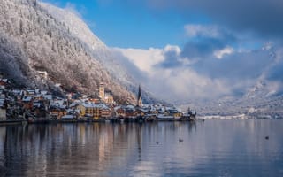 Картинка зима, облака, природа, пейзаж, озеро, Австрия, снег, леса