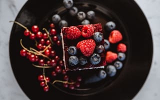 Картинка красный, ягоды, торт, пирог, тарелка, темный, черника, малина