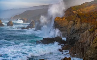 Картинка море, брызги, Big Sur, скалы, прибой, побережье, камни, California