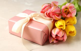 Картинка цветы, подарок, gift box, pink, women's day, celebration, 8 марта, tulips, happy, flowers, тюльпаны, spring, 8 march, женский день, with love