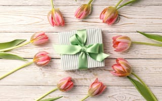 Картинка цветы, подарок, spring, 8 march, women's day, celebration, with love, pink, женский день, 8 марта, tulips, flowers, тюльпаны, gift box, happy