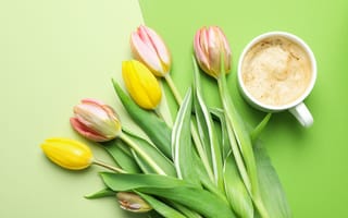 Картинка цветы, букет, with love, bouquet, pink, flowers, spring, тюльпаны, чашка кофе, tulips, yellow, coffee cup