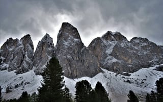 Картинка зима, небо, снег, горы, облака, природа, тучи, деревья