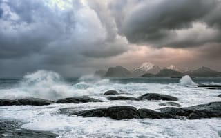 Картинка waves, sea, clouds, bad weather, rocks
