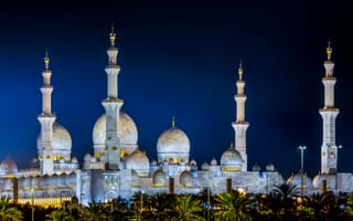 Картинка ночь, мечеть, Sheikh Zayed Grand Mosque, Абу-Даби, Abu Dhabi, ОАЭ, Мечеть шейха Зайда, UAE, архитектура, минареты