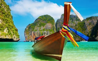 Картинка Summer boat, день, разноцветные, пляж, небо, голубое, ленты, лодка, цвета, райский, лазури, вода