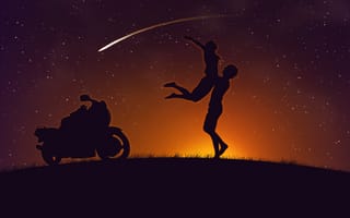 Обои двое, комета, мотоцикл, любовь, kawasakizzr400