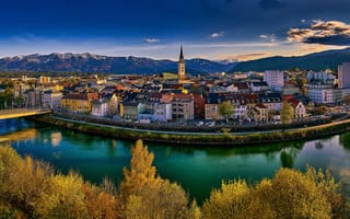 Картинка Альпы, Villach, мост, панорама, дома, Австрия, горы, деревья