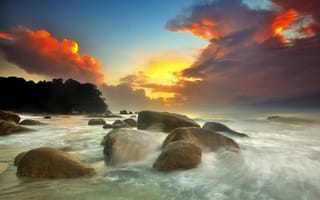 Картинка потоки, море, глыбы, закат, тучи, облака, камни, волны