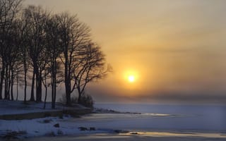 Картинка солнце, зима, деревья, лед, снег, рассвет, озеро
