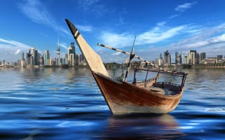Картинка Город, Небоскребы, Кувейт, City, Kuwait, Эль-Кувейт, Рыбацкая лодка, Аравийское море