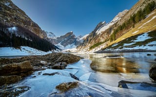 Картинка Winter, Switzerland, Appenzell, Valley, River, Glacier