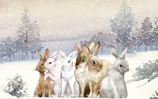 Картинка зима, лес, вместе, снег, небо, заяц, природа, рисунок