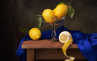 Картинка стол, натюрморт, Максим Вышарь, ткань, лимоны, ваза
