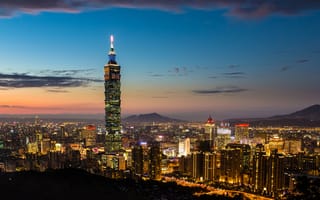Картинка панорама, Taiwan, город, вид, Тайвань, Китайская Республика, вечер, огни, закат, Taipei 101, здания, Тайбэй, небоскреб
