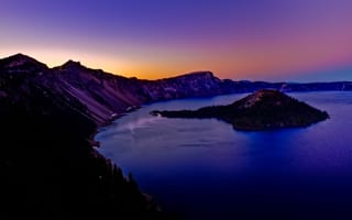 Картинка озеро, Oregon, Crater Lake, USA, закат, горы, остров