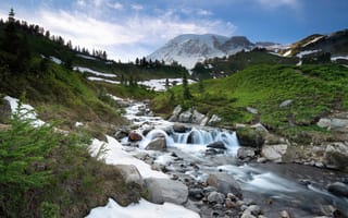Картинка Горы, Трава, Камни, Леса, Mountains, Snow, Снег, Grass