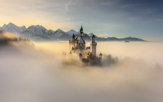 Картинка лес, небо, горы, рассвет, свет, вершины, туман, замок