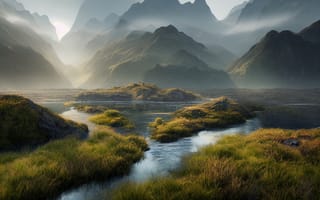 Картинка Fiordland, туман, Новая Зеландия, горы