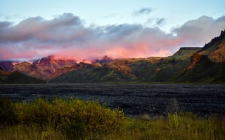 Картинка трава, облака, горы, Iceland, Сансет Мюрдаль, Исландия, Glacier Wetlands Park, Sunset Myrdal