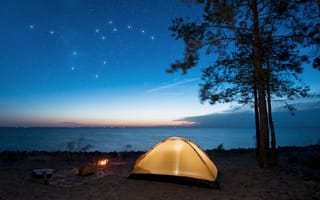 Картинка космос, звезды, огни, свет, берег, сияние, ночь, облака