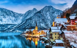 Картинка зима, горы, озеро, Austria, Winter, Hallstatt, австрия, городок