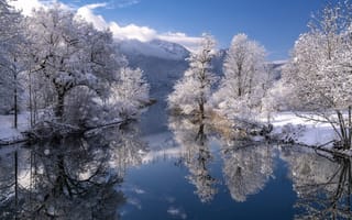 Картинка зима, снег, деревья, Река Лойзах, река, Germany, Loisach River, горы, Бавария, Германия, отражение, Bavaria