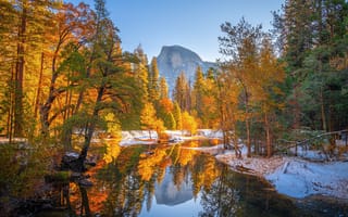 Картинка осень, лес, гора, отражение, Калифорния, California, деревья, река
