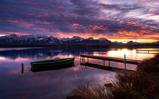 Картинка облака, закат, озеро, горы, лодка, Германия, Germany, красота