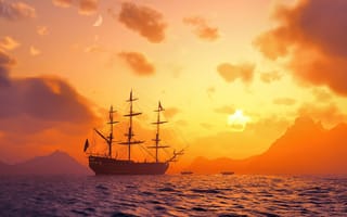 Картинка корабль, небо, море, лодки