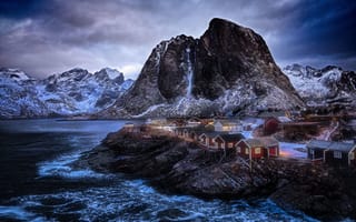 Картинка зима, море, деревня, горы, домики, Norway, фьорд, Норвегия
