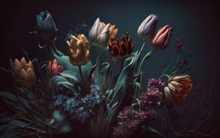 Картинка листья, цветы, floral, цветочная, composition, flowers, композиция, tulips, натюрморт, leaves, dark, still life, тюльпаны
