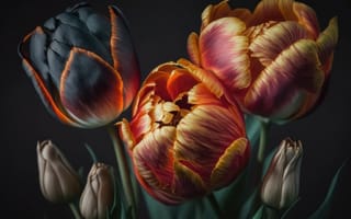 Картинка листья, цветы, composition, dark, тюльпаны, floral, tulips, flowers, leaves, цветочная, натюрморт, композиция, still life