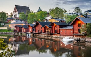 Картинка Дома, Отражение, Старый город, Porvoo, Old Town, Финляндия, Река, Finland